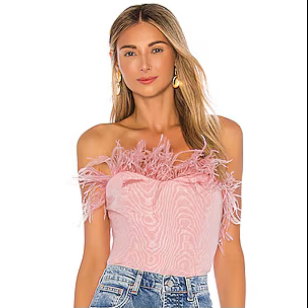LPA Aida Pink Ostrich Feather Crop Tube Elegant Pink Feathered Women's Top
